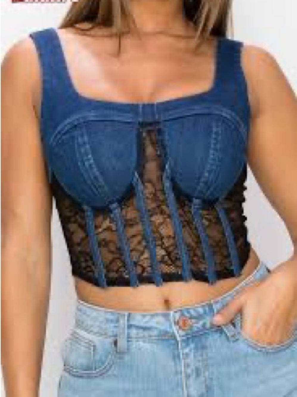 Denim Blue Corset Crop Top with Black Lace Panels